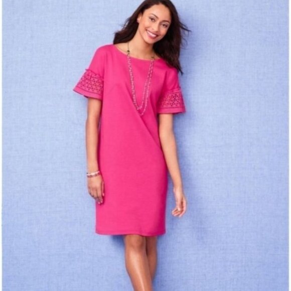 Talbots Pink Short Sleeve Lace / Eyelet Interlock Shift Mini Dress Size M Medium - Picture 9 of 9